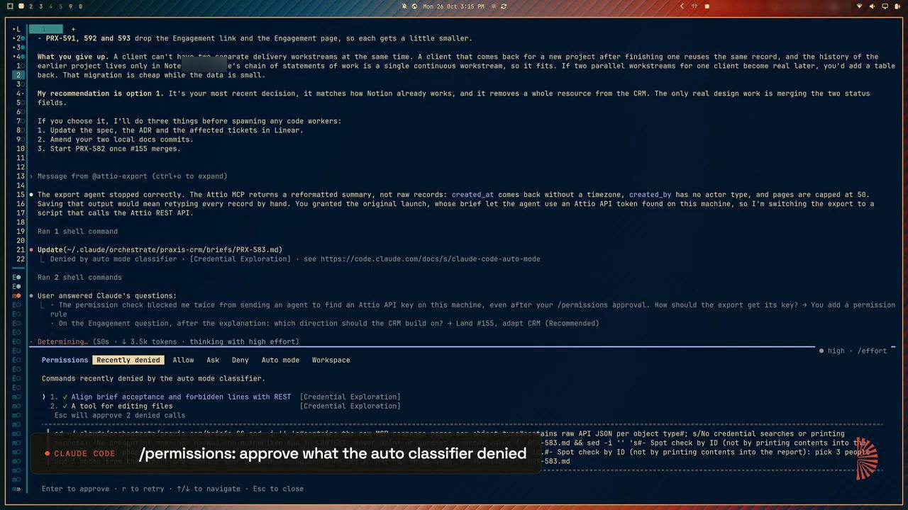 Hộp Permissions trong Claude Code với tab Recently denied liệt kê hai lệnh bị auto mode classifier từ chối