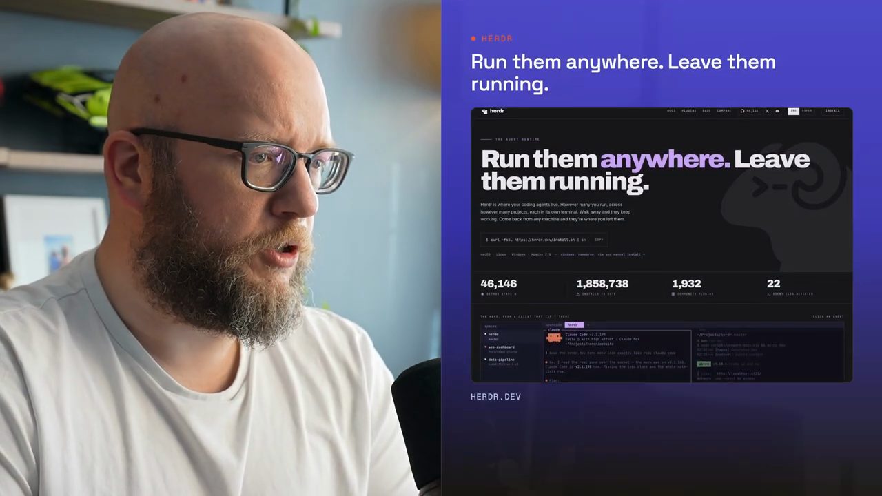 Thẻ Herdr với trang chủ herdr.dev ghi Run them anywhere. Leave them running.