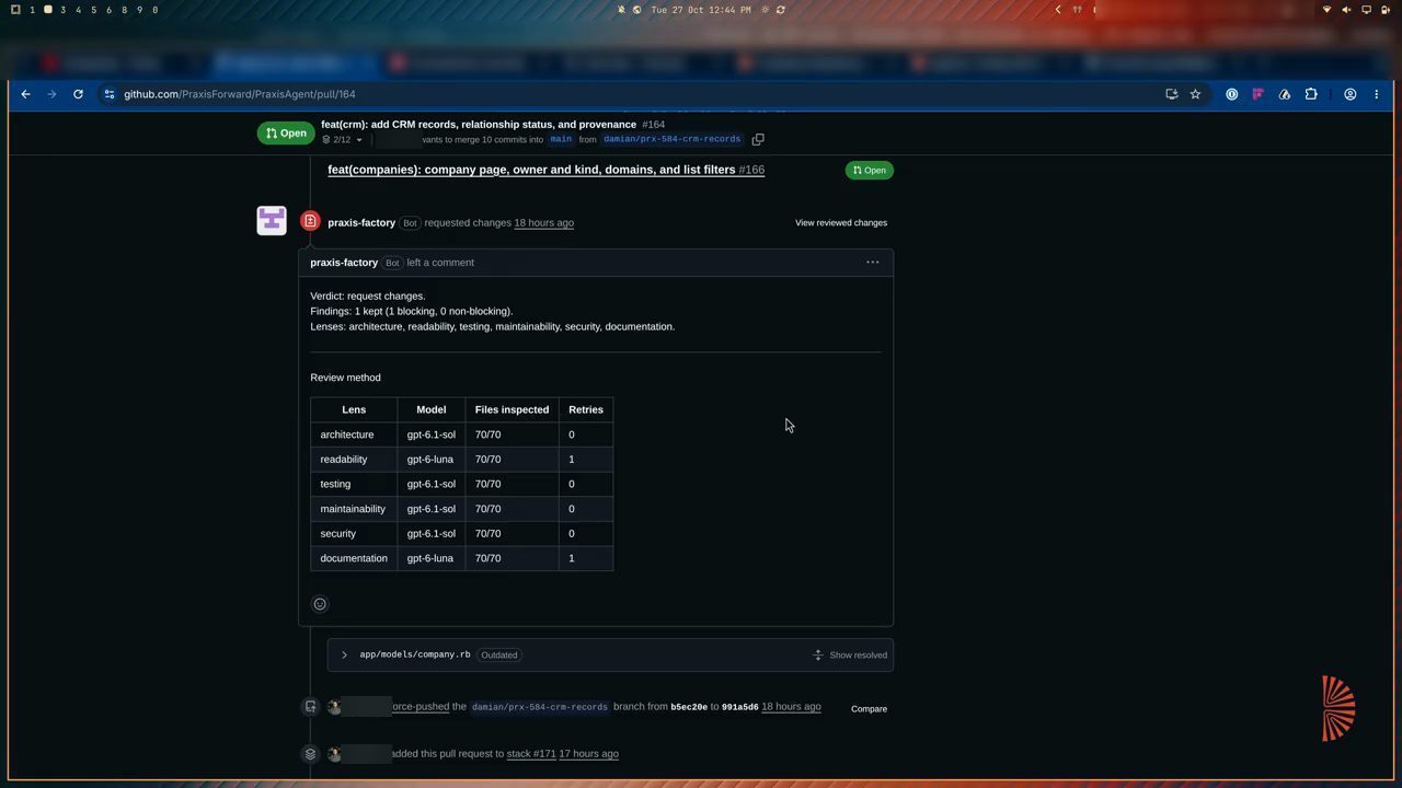 Comment review trên PR GitHub với Verdict request changes và bảng sáu lens