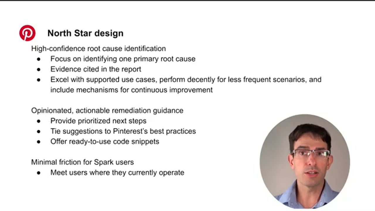 Slide North Star design: high-confidence root cause identification, opinionated actionable remediation guidance, minimal friction for Spark users