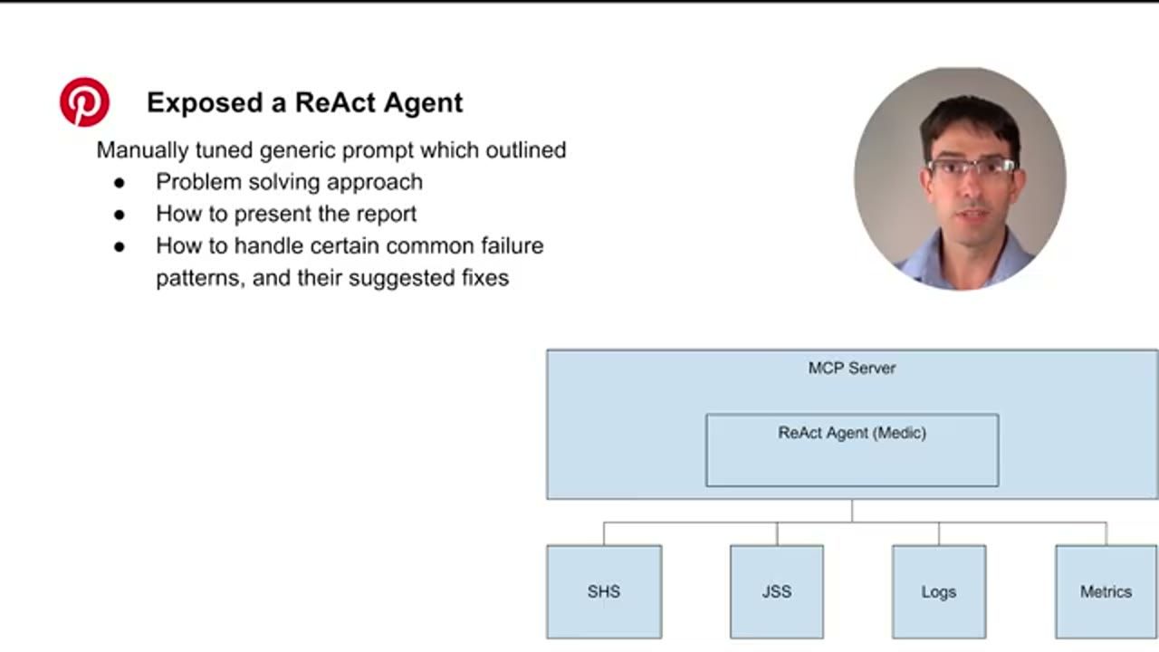 Slide Exposed a ReAct Agent: ReAct Agent (Medic) nằm trong MCP Server, nối xuống SHS, JSS, Logs, Metrics