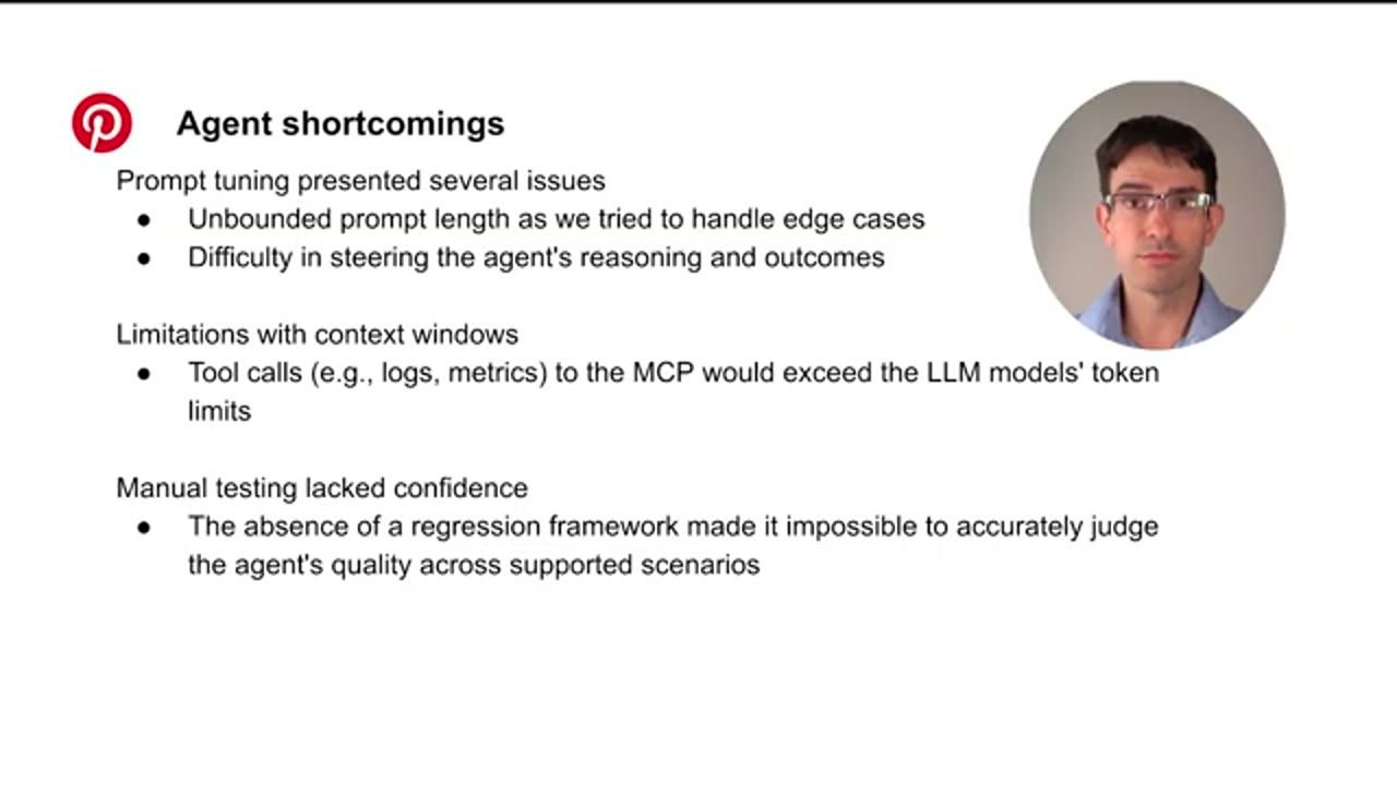 Slide Agent shortcomings: prompt tuning presented several issues, limitations with context windows, manual testing lacked confidence