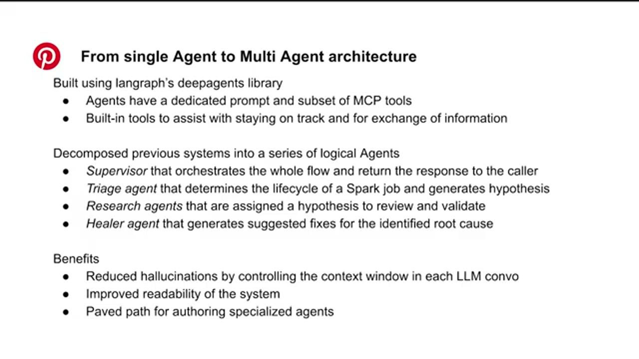 Slide From single Agent to Multi Agent architecture: built using langgraph's deepagents library, decomposed into Supervisor, Triage, Research, Healer agents, benefits