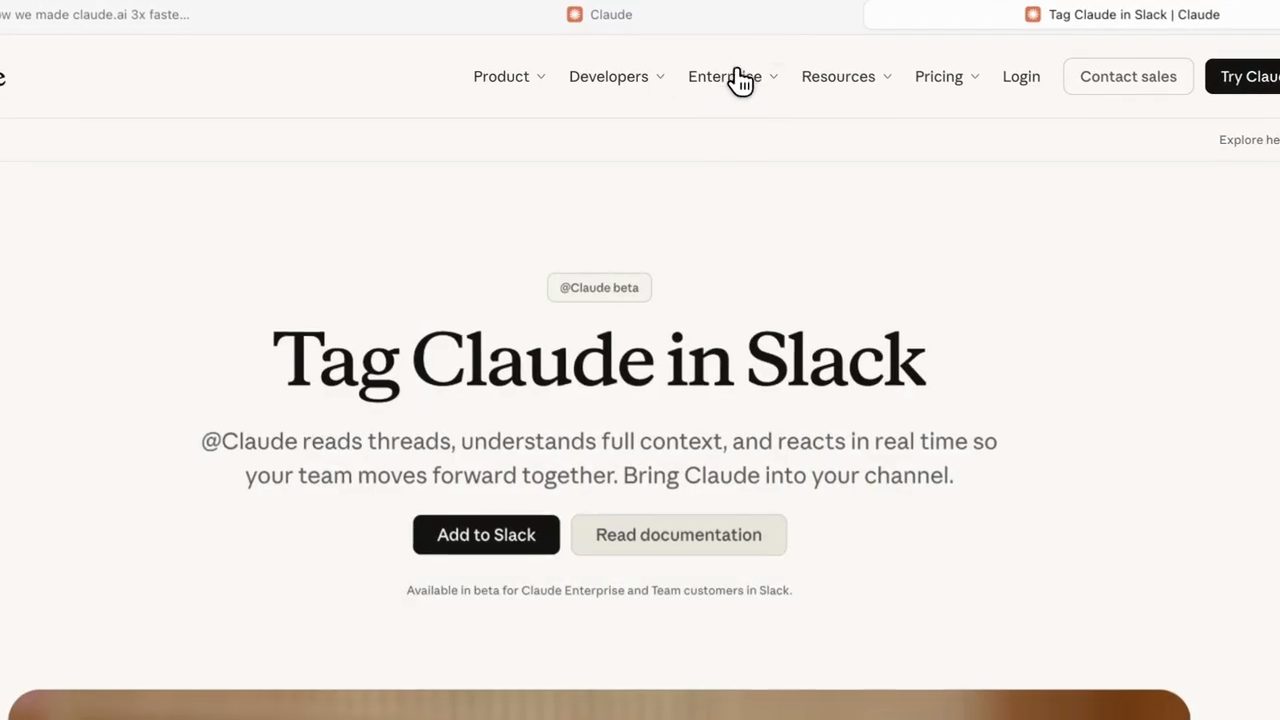 Trang Tag Claude in Slack với nút Add to Slack và Read documentation