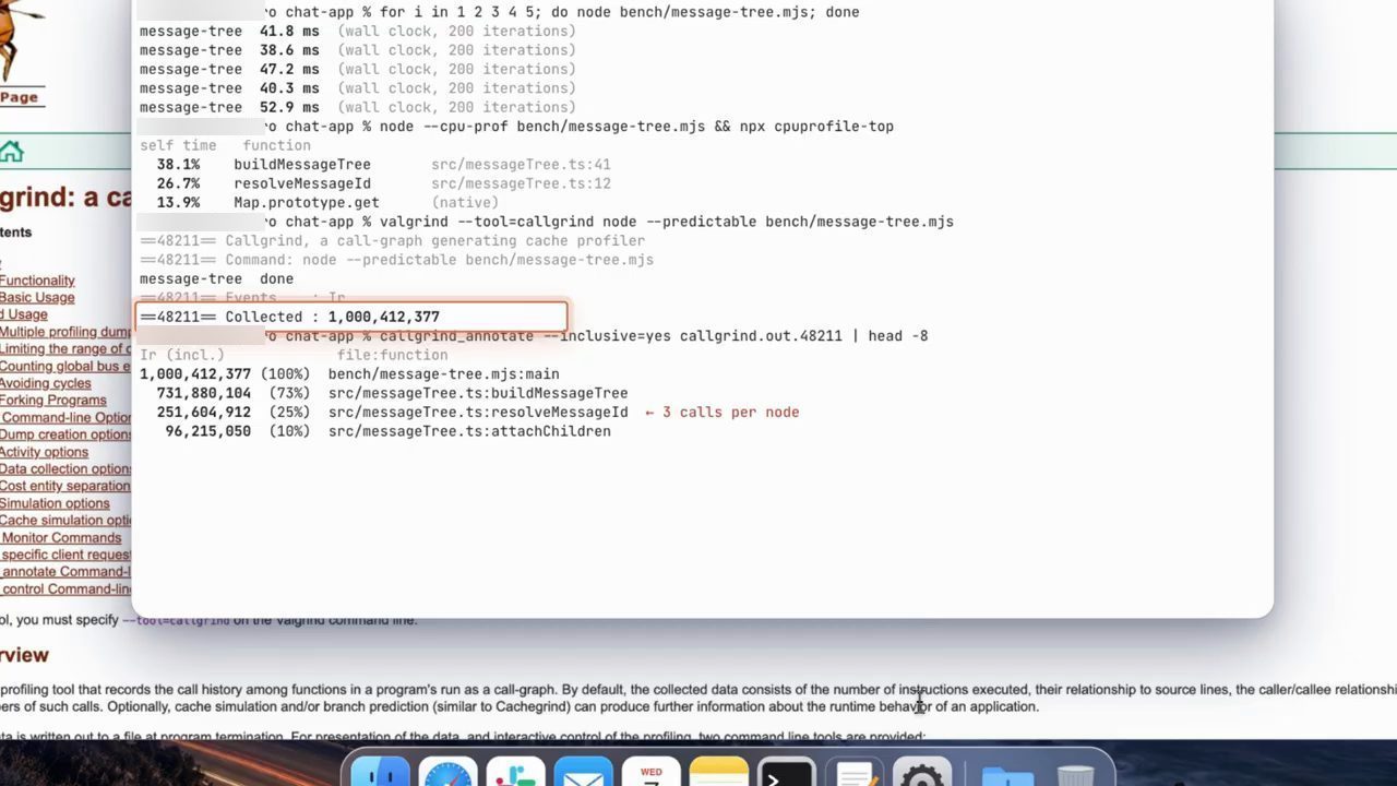 Terminal chạy benchmark message-tree bằng wall clock, cpu-prof và valgrind callgrind