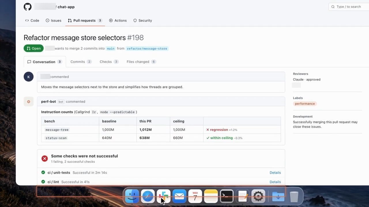Pull request Refactor message store selectors 198 với bảng instruction counts của perf-bot