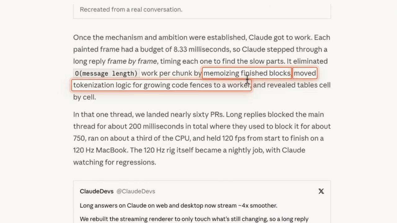Đoạn trong bài viết về ngân sách 8,33 ms mỗi khung hình, memoizing finished blocks và chuyển tokenization sang worker