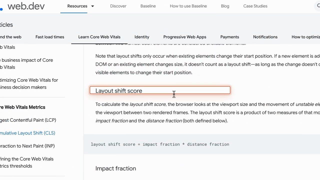 Trang web.dev về CLS, mục Layout shift score với công thức impact fraction nhân distance fraction