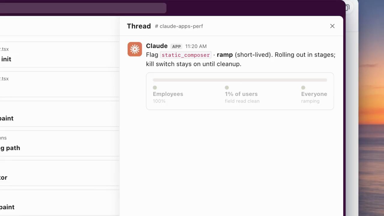 Thread Slack claude-apps-perf: Claude báo flag static_composer ramp, rollout theo giai đoạn
