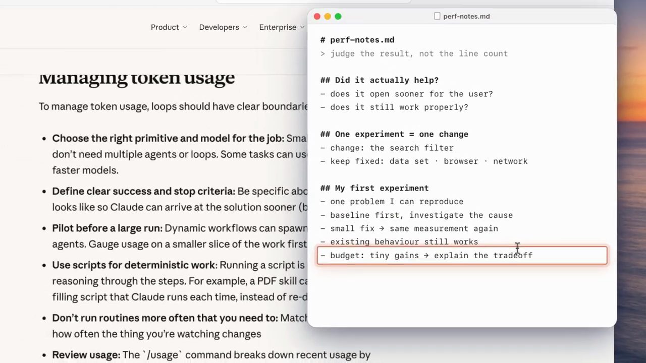 Mục Managing token usage và file perf-notes.md với phần My first experiment