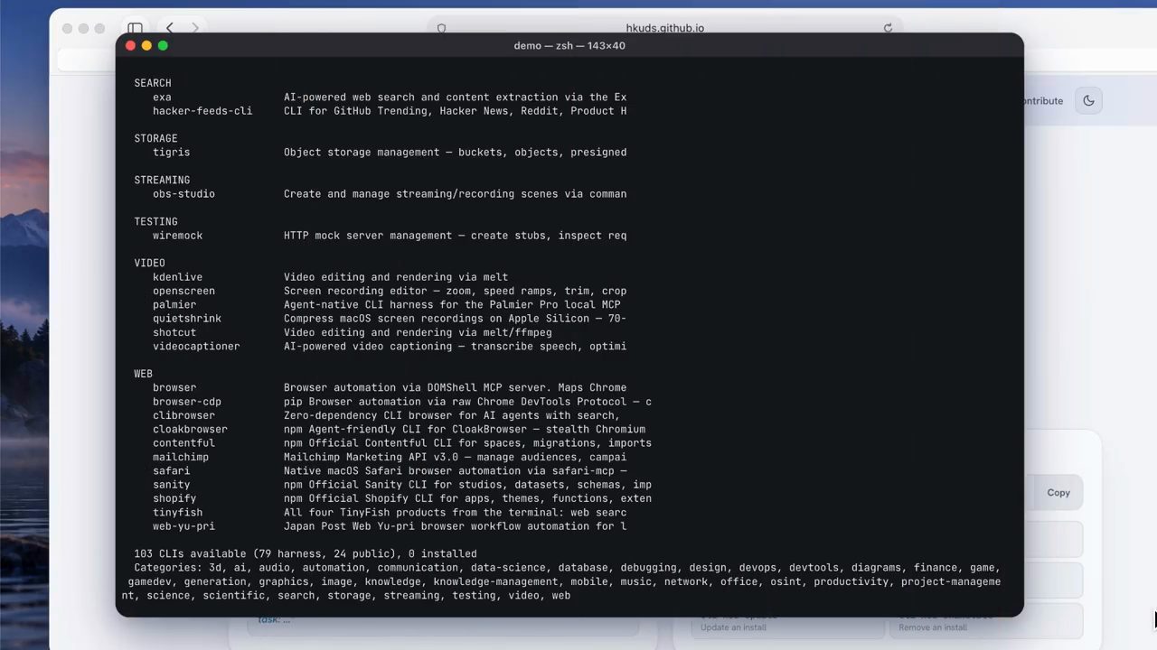 Terminal chạy cli-hub list, danh sách CLI theo nhóm SEARCH, STORAGE, STREAMING, TESTING, VIDEO, WEB