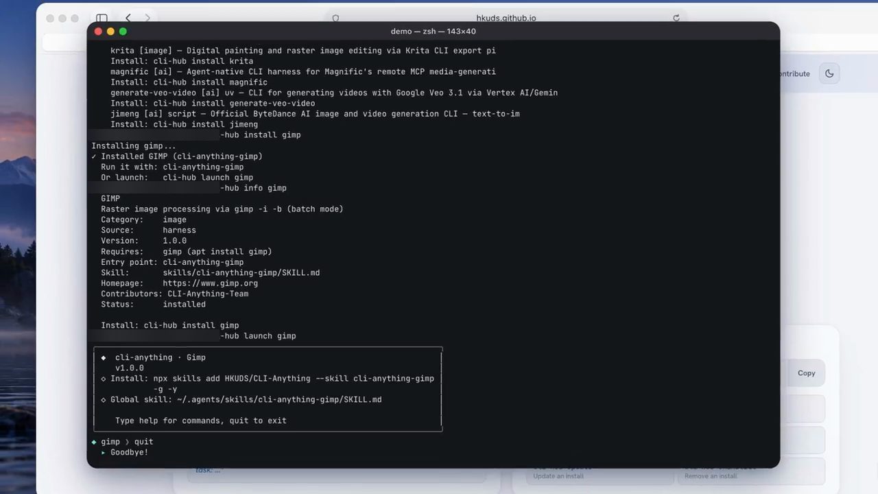 Terminal chạy cli-hub install gimp, cli-hub info gimp và cli-hub launch gimp
