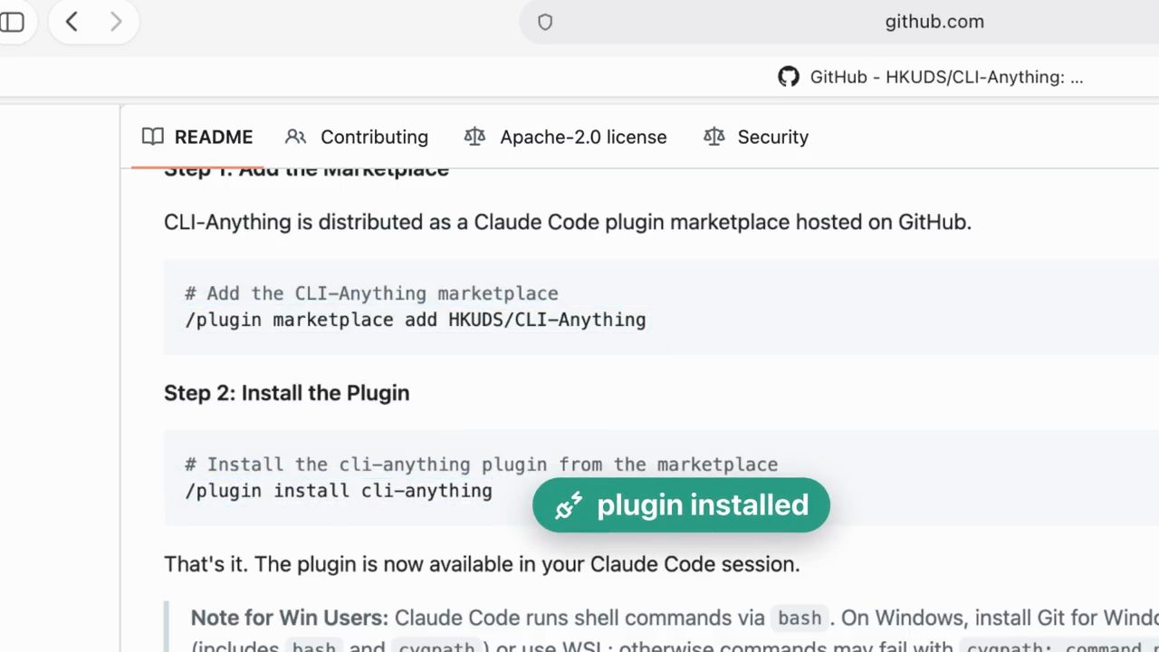 README CLI-Anything: Step 1 thêm marketplace, Step 2 cài plugin, nhãn plugin installed