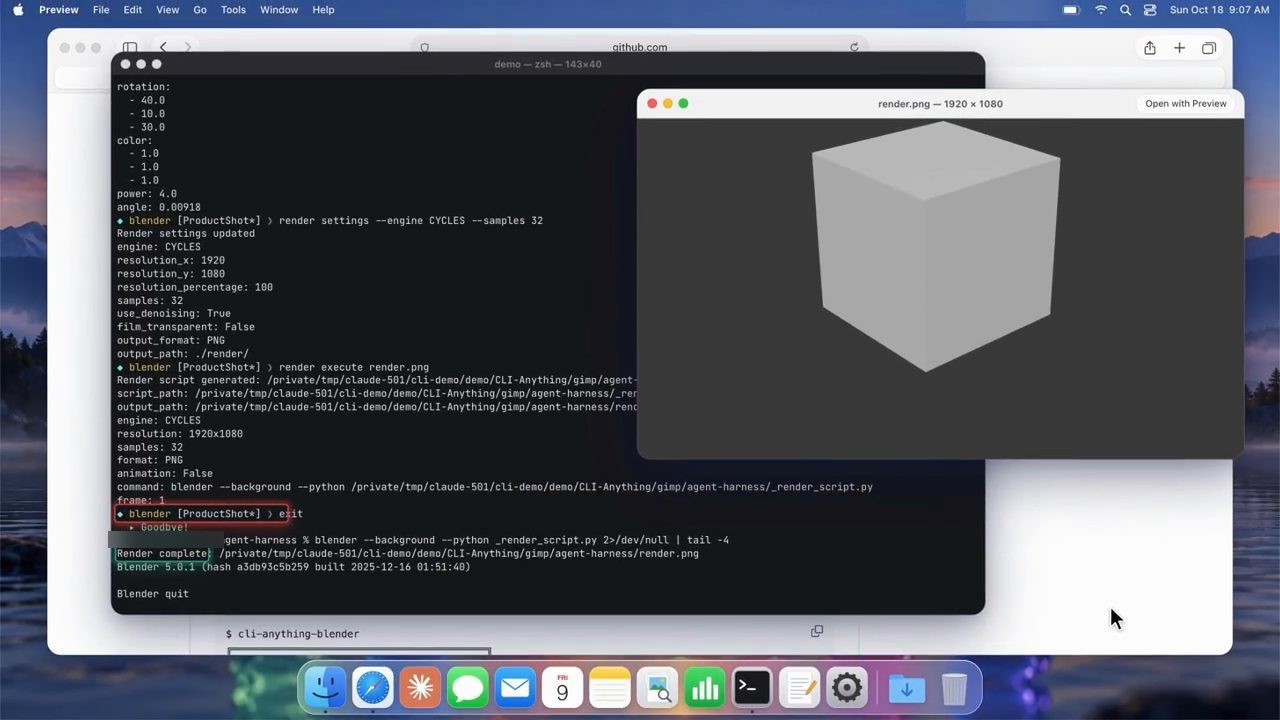 Terminal REPL Blender với render settings và render execute, bên phải là ảnh render một khối lập phương xám