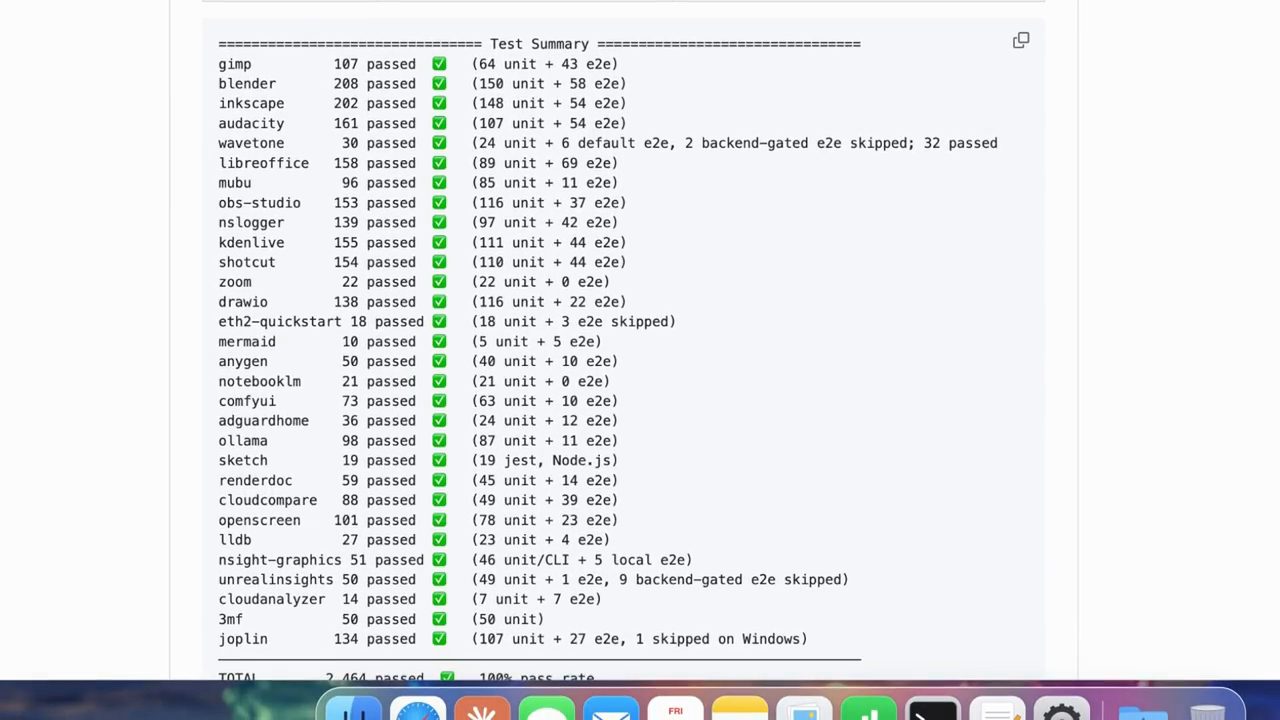 Bảng Test Summary trong README liệt kê số test pass cho từng harness, từ gimp đến joplin