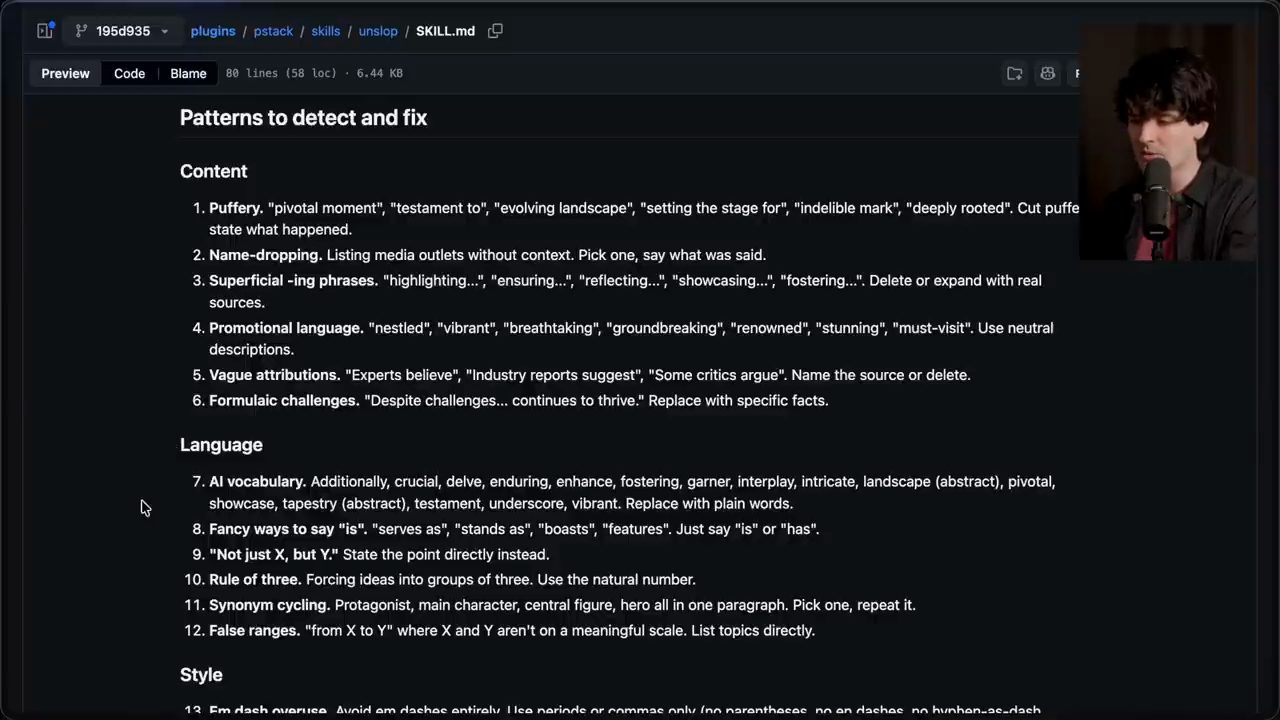 SKILL.md của unslop trên GitHub, phần Patterns to detect and fix