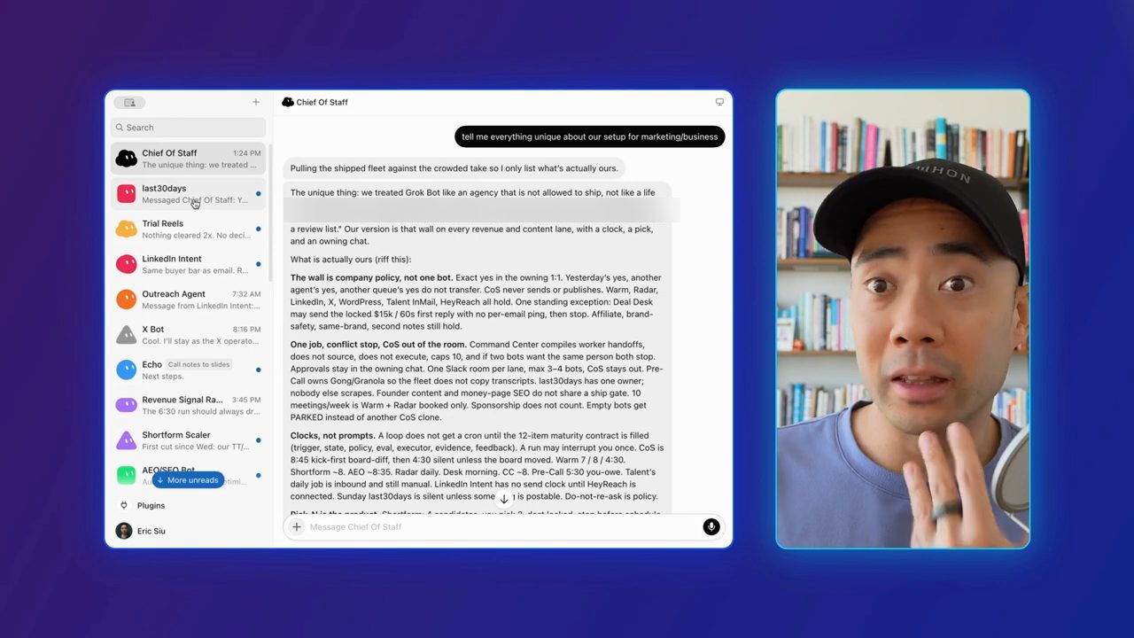 Giao diện Grok Bot với danh sách bot bên trái và cuộc chat với Chief Of Staff