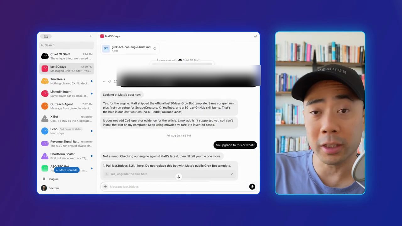 Chat với bot last30days: dán link bài đăng X của Matt, bot so sánh và đề xuất nâng cấp