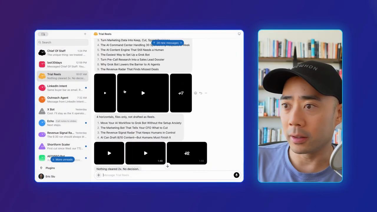 Bot Trial Reels với danh sách tiêu đề reel và các ô video nháp