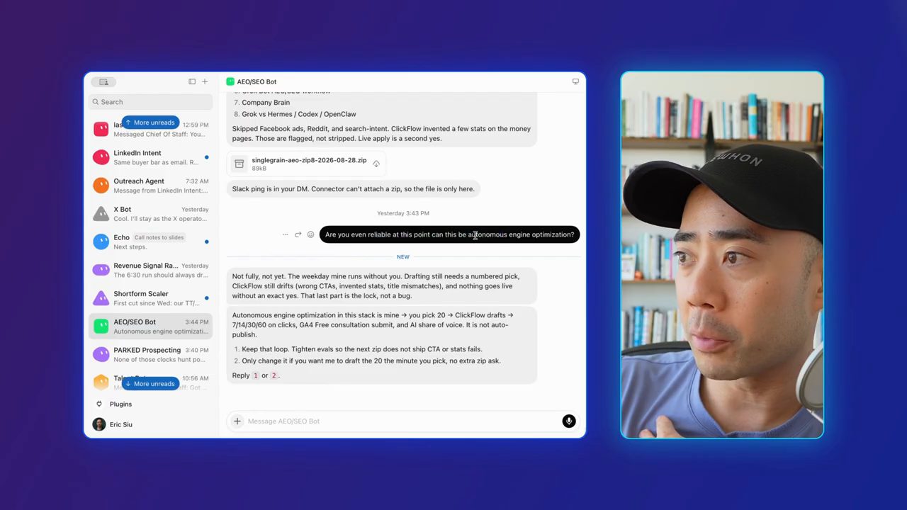 Chat với AEO/SEO Bot: câu hỏi Are you even reliable at this point và câu trả lời Not fully, not yet