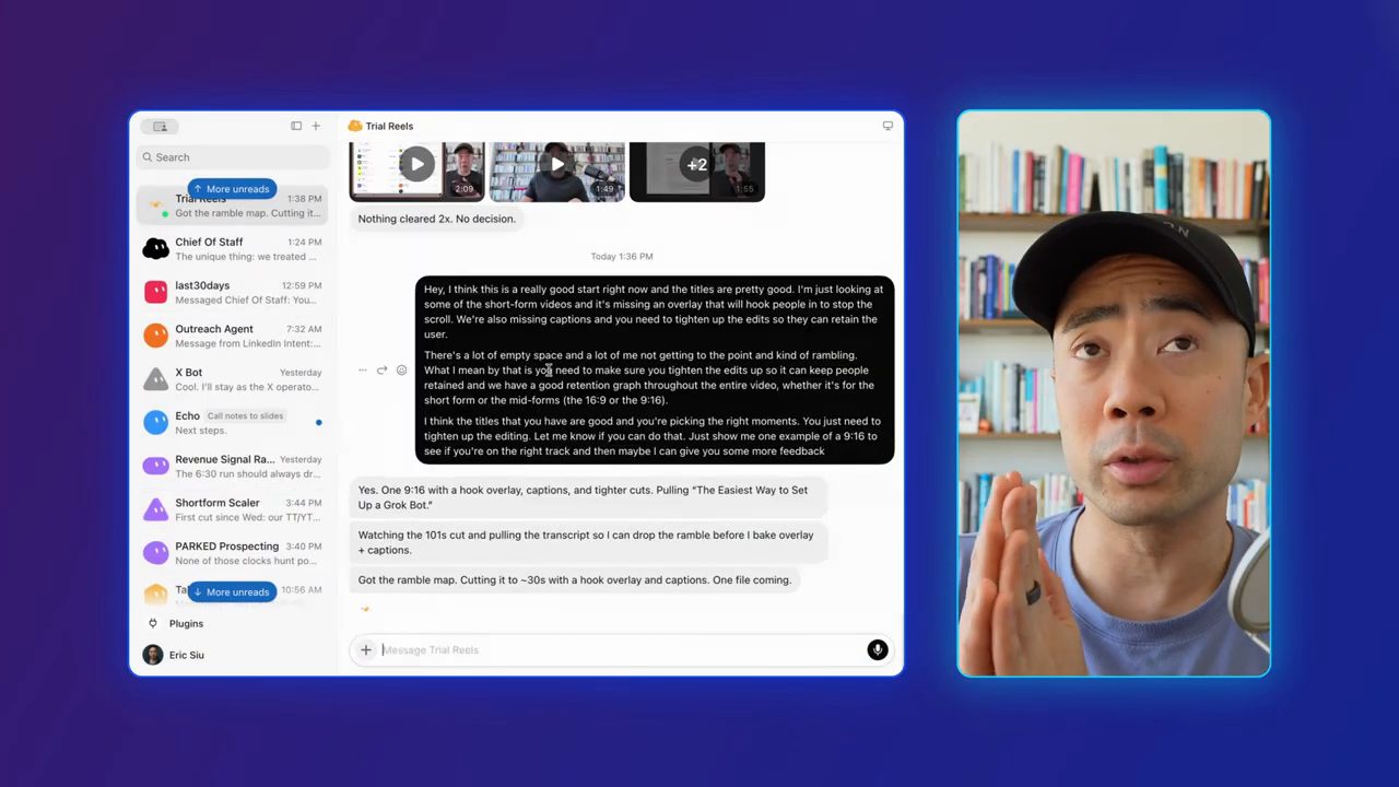 Lời góp ý dài Eric đọc cho bot Trial Reels và các câu trả lời của bot