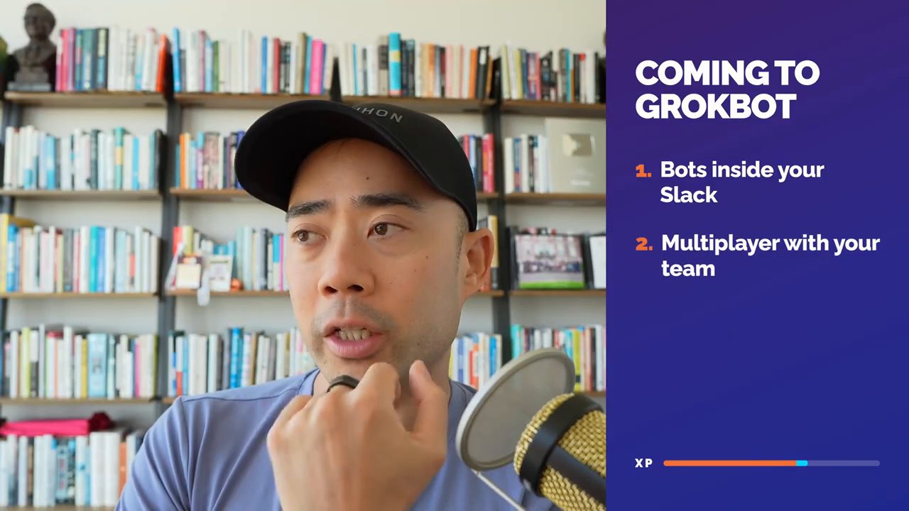 Eric Siu với khung chữ Coming to Grokbot: Bots inside your Slack, Multiplayer with your team