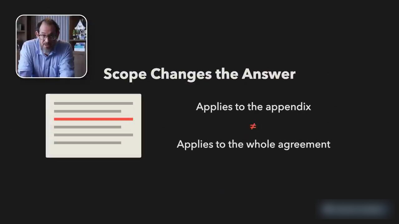 Slide Scope Changes the Answer: một văn bản có dòng đỏ, Applies to the appendix khác Applies to the whole agreement
