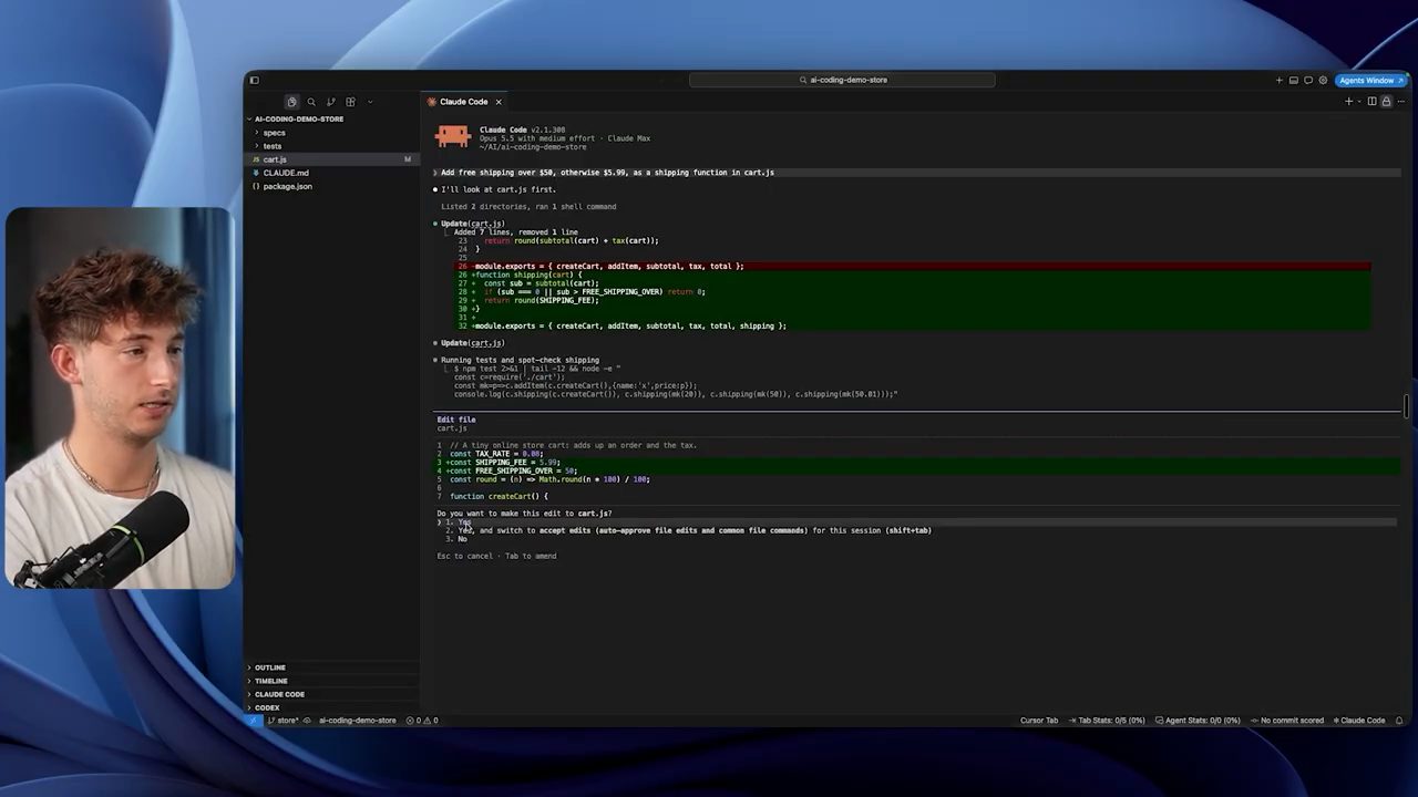 Claude Code trong IDE hỏi Do you want to make this edit to cart.js? với ba lựa chọn
