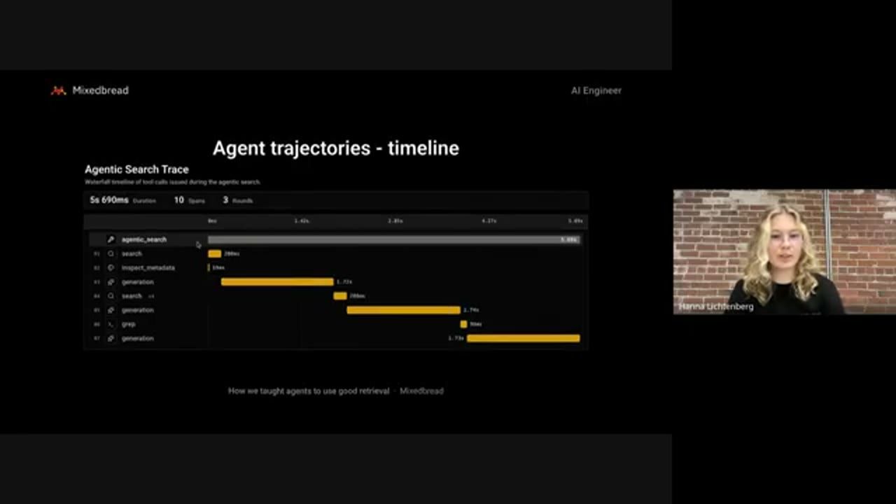 Agent trajectories timeline: waterfall các tool call trong một lượt agentic search