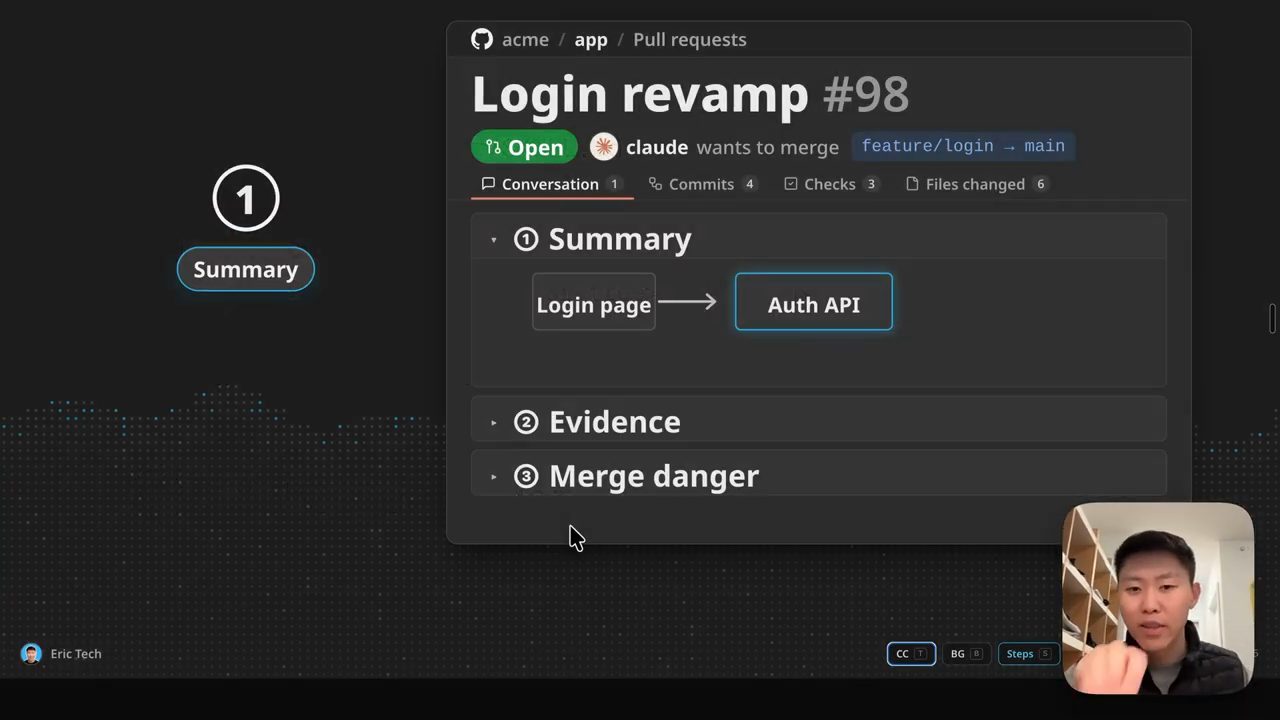 Pull request Login revamp #98 với phần Summary mở ra, diagram Login page tới Auth API