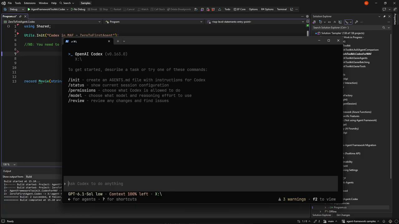 Cửa sổ terminal chạy OpenAI Codex v0.163.0 với danh sách lệnh /init, /status, /permissions, /model, /review