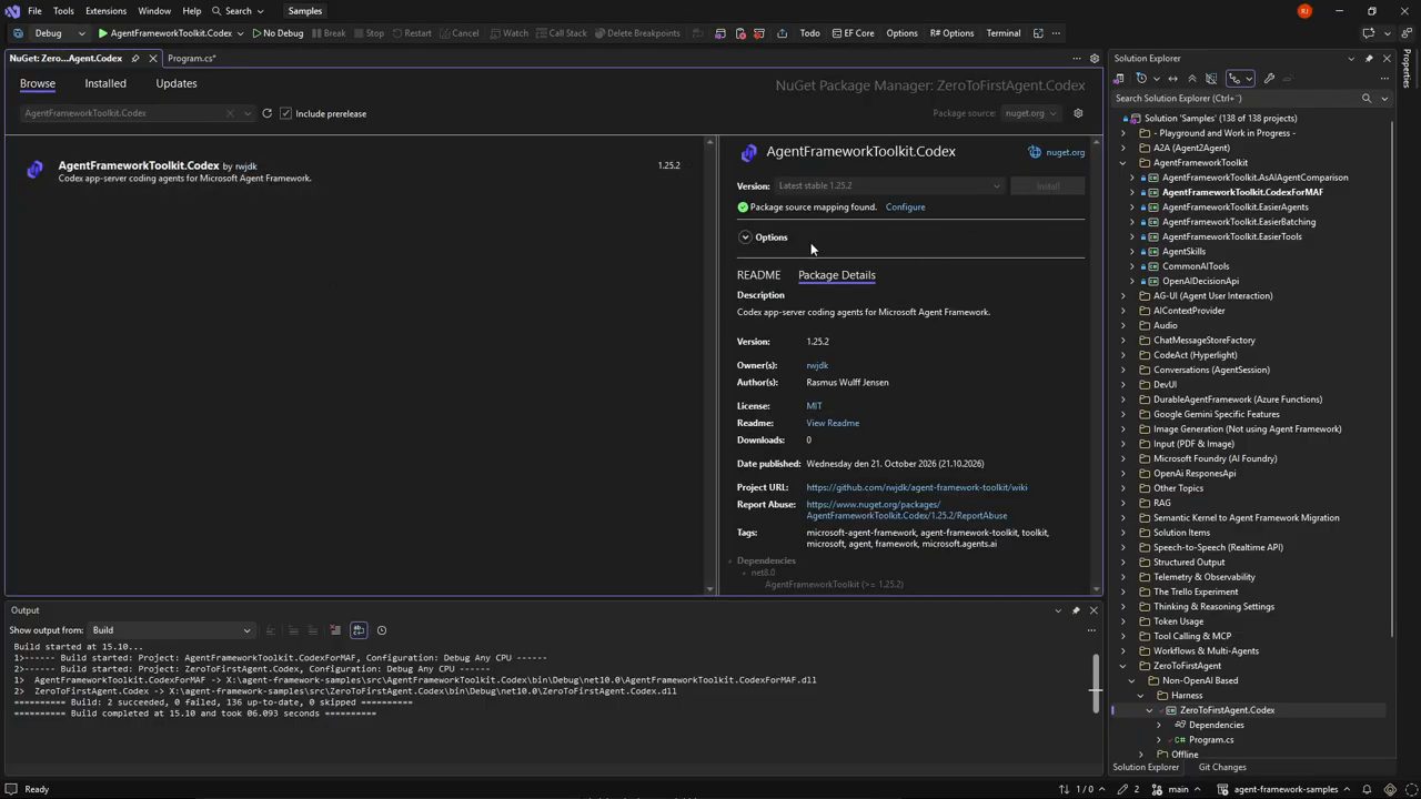 NuGet Package Manager trong Visual Studio hiển thị AgentFrameworkToolkit.Codex phiên bản 1.25.2 của Rasmus Wulff Jensen
