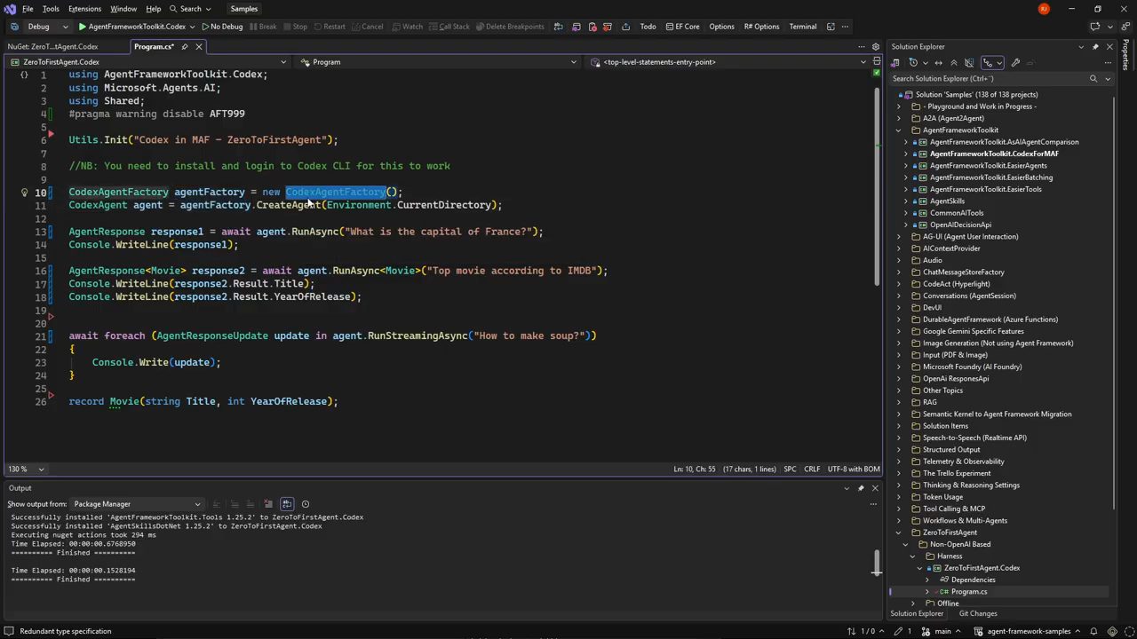 Program.cs của ZeroToFirstAgent.Codex: tạo CodexAgentFactory, CreateAgent, gọi RunAsync, RunAsync<Movie> và RunStreamingAsync
