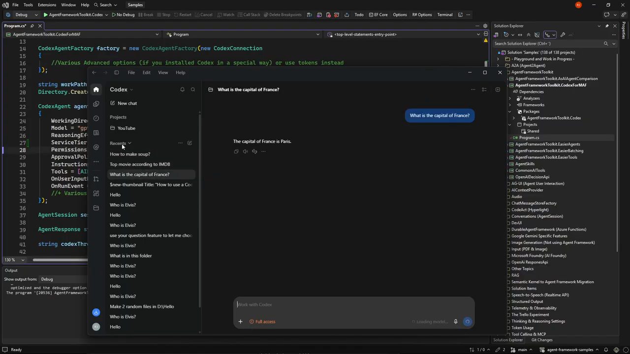 App Codex mở trên Visual Studio, mục Recents có các thread How to make soup?, Top movie according to IMDB, What is the capital of France?