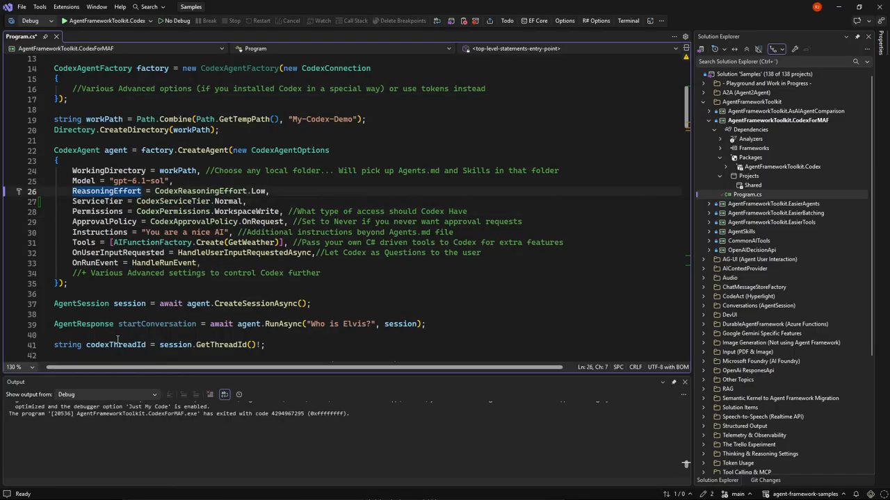 Code CodexAgentOptions với WorkingDirectory, Model, ReasoningEffort, ServiceTier, Permissions, ApprovalPolicy, Instructions, Tools, OnUserInputRequested, OnRunEvent