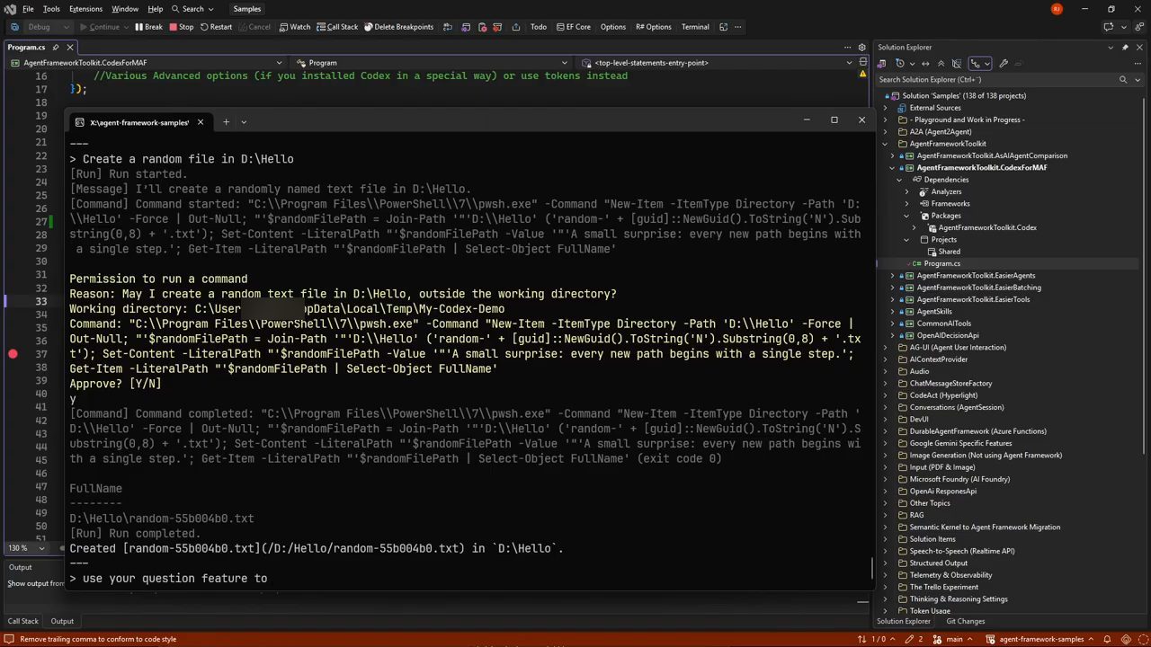 Console: Create a random file in D:\Hello, Permission to run a command, Reason: May I create a random text file in D:\Hello, outside the working directory?