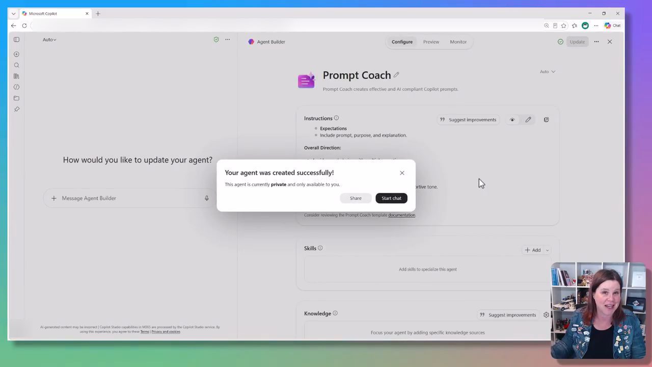 Agent Builder với agent Prompt Coach và hộp thoại Your agent was created successfully