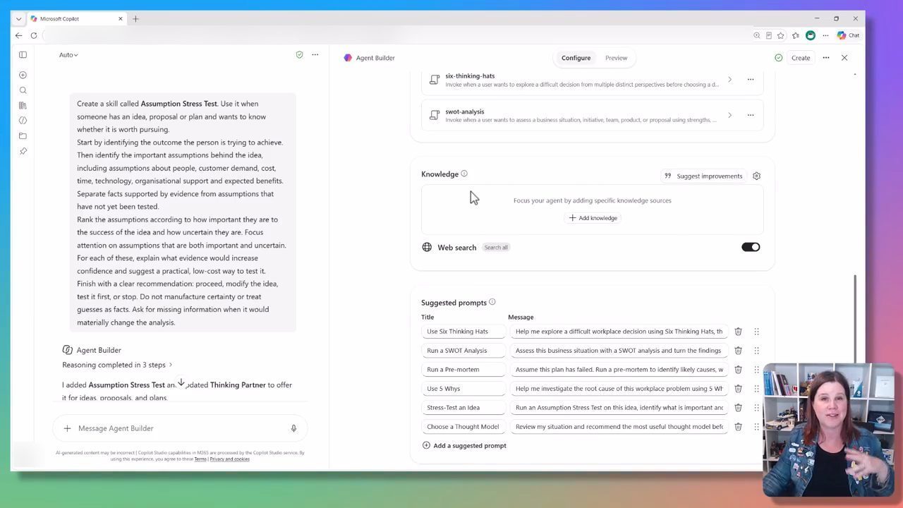 Prompt Assumption Stress Test bên trái, bên phải là Knowledge, Web search và danh sách Suggested prompts