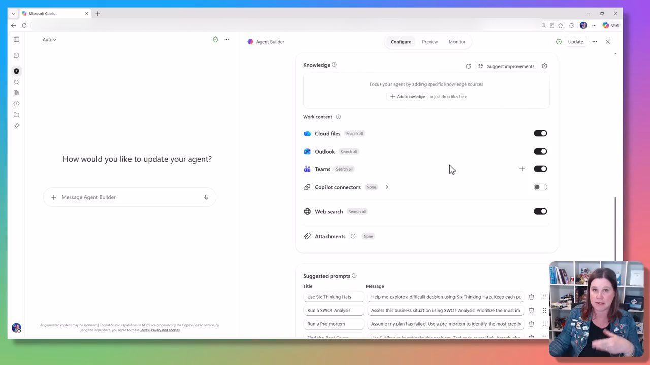 Mục Knowledge ở bản premium với Work content: Cloud files, Outlook, Teams, Copilot connectors, Web search, Attachments