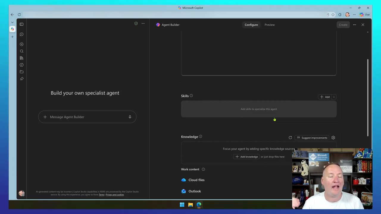Màn hình cấu hình Agent Builder với mục Skills có nút Add, bên dưới là Knowledge và Work content