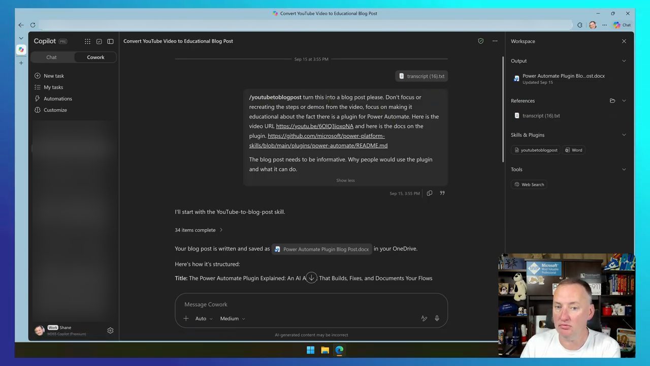 Một phiên Cowork tên Convert YouTube Video to Educational Blog Post với prompt gọi /youtubetoblogpost và kết quả 34 items complete