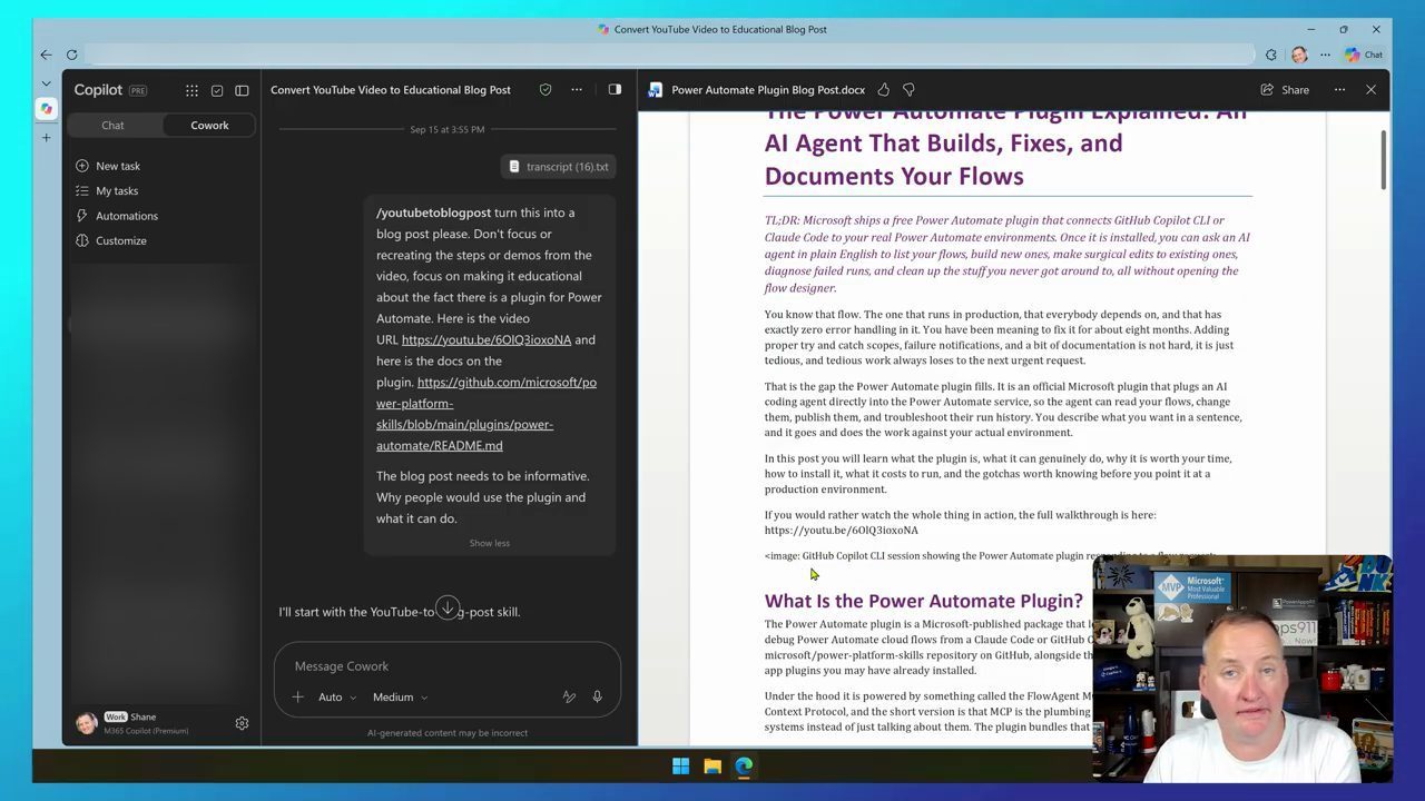 Bài blog Word The Power Automate Plugin Explained mở cạnh cuộc trò chuyện Cowork, có TL;DR, link video và chỗ đặt hình
