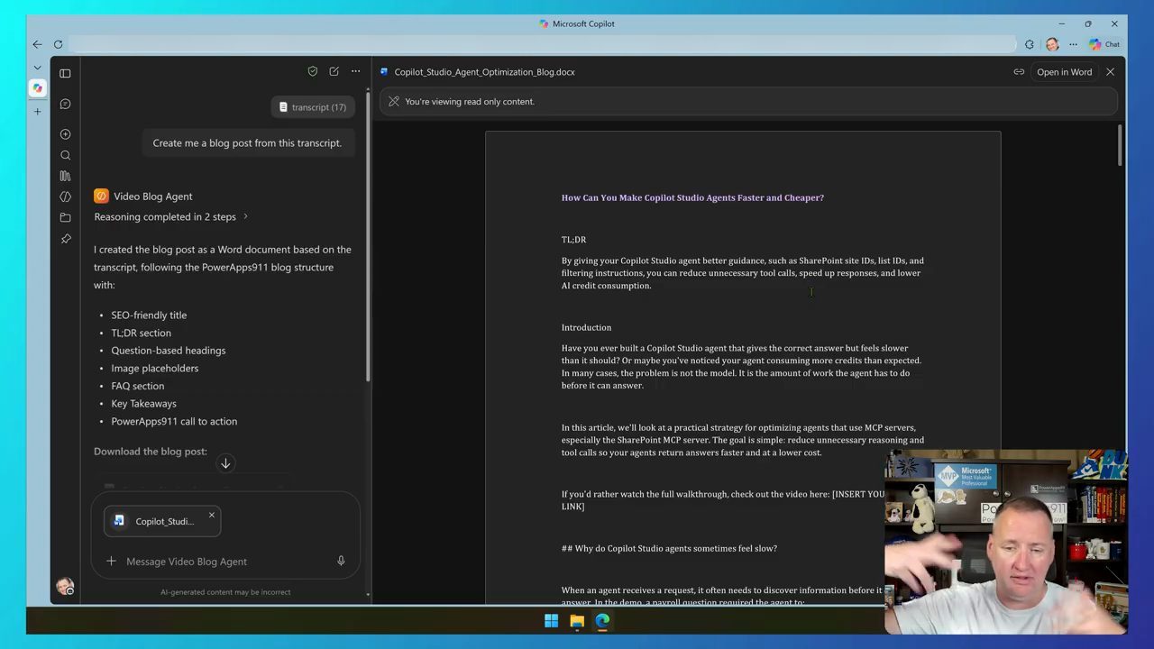 Video Blog Agent trả lời đã tạo bài blog dạng Word, bên phải mở file Copilot_Studio_Agent_Optimization_Blog.docx