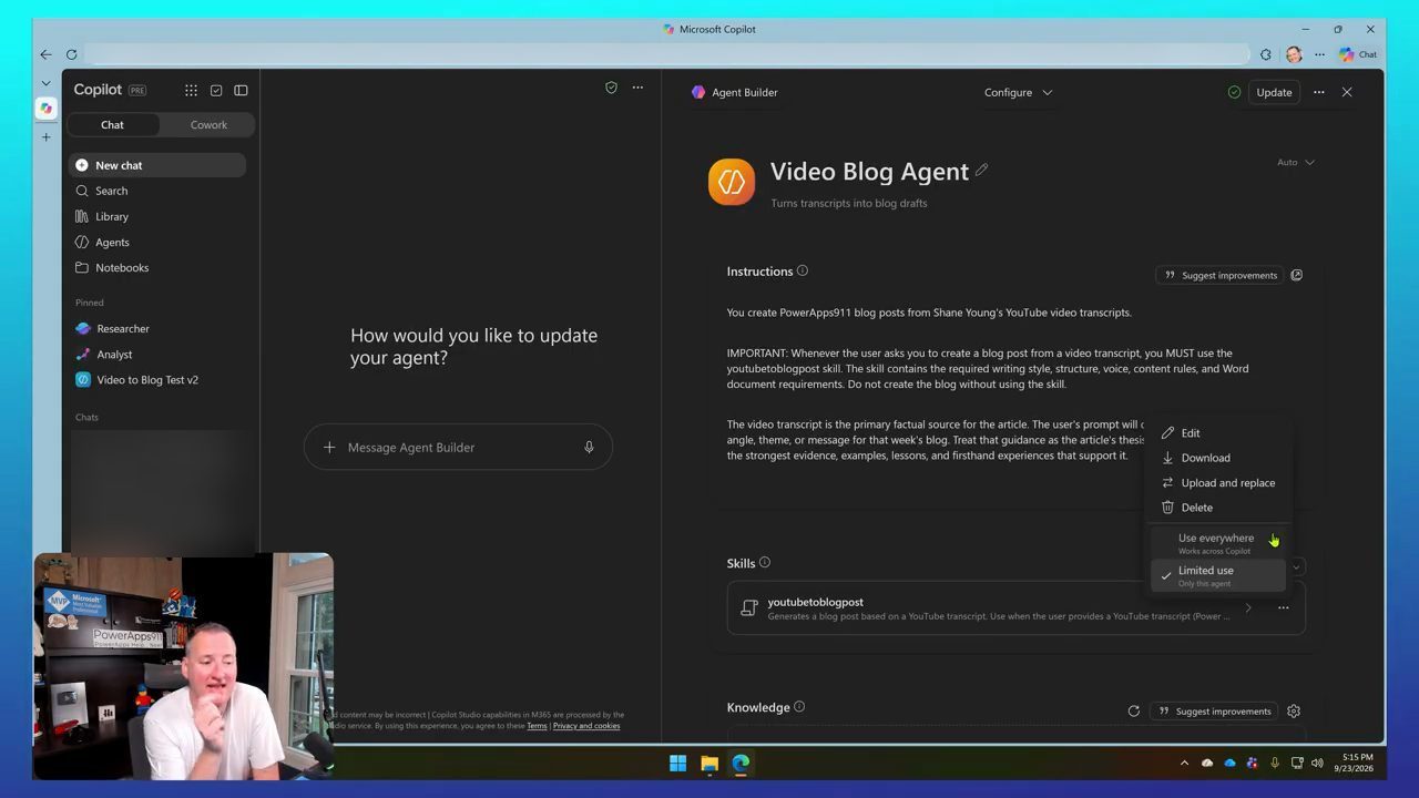 Menu ba chấm của skill youtubetoblogpost với Edit, Download, Upload and replace, Delete, Use everywhere và Limited use
