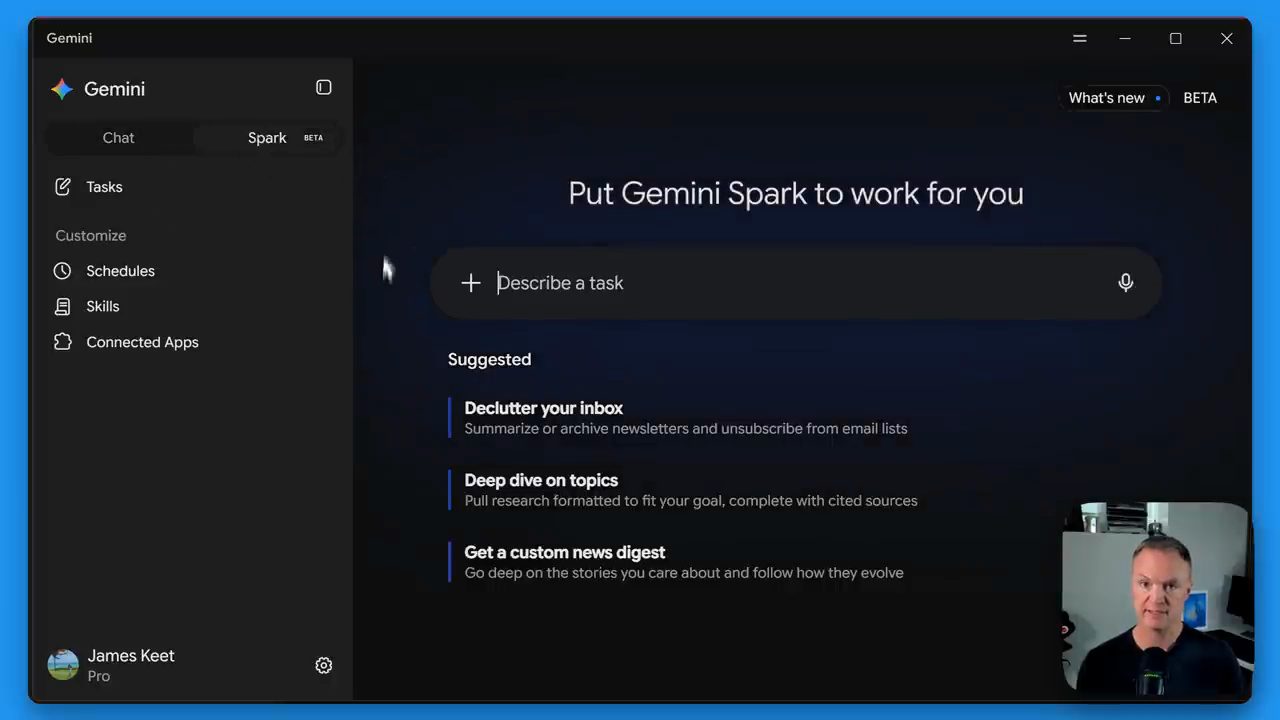 Màn hình Gemini ở chế độ Spark với ô Describe a task và ba gợi ý
