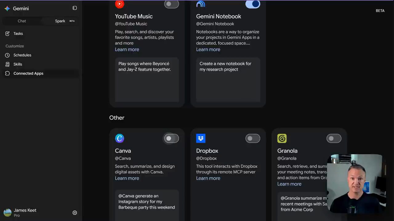 Trang Connected Apps với YouTube Music, Gemini Notebook và nhóm Other gồm Canva, Dropbox, Granola