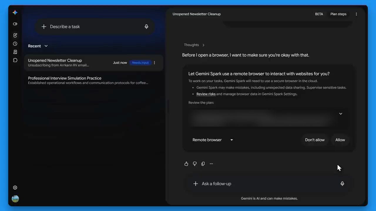 Spark xin phép dùng remote browser, kèm plan và hai nút Don't allow, Allow