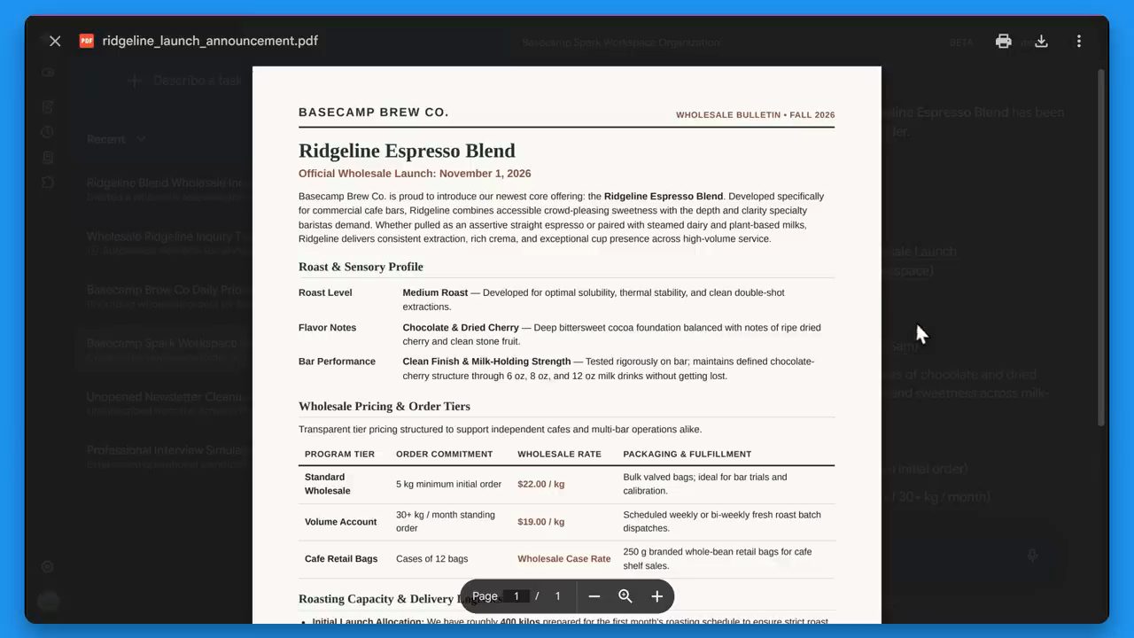 File PDF ridgeline_launch_announcement mở trong trình xem, bản tin bán sỉ của Basecamp Brew Co.