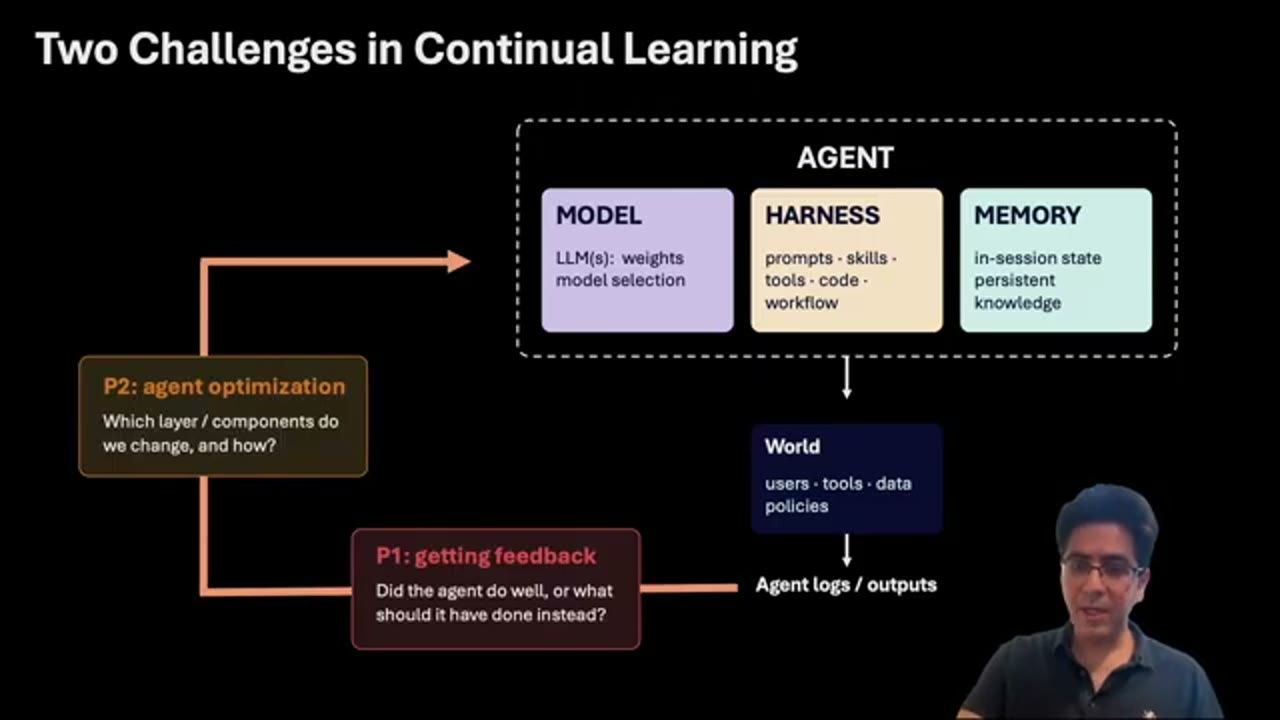 Sơ đồ Two Challenges in Continual Learning với hộp P1 getting feedback và P2 agent optimization