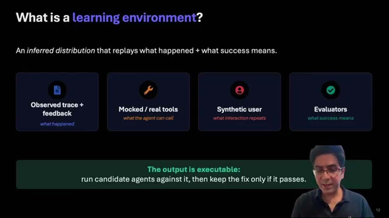 Slide What is a learning environment: bốn ô Observed trace + feedback, Mocked / real tools, Synthetic user, Evaluators